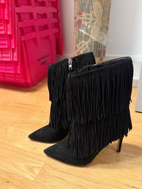 Sam Edelman Black Suede Fringe Pointed Toe Stiletto Boots